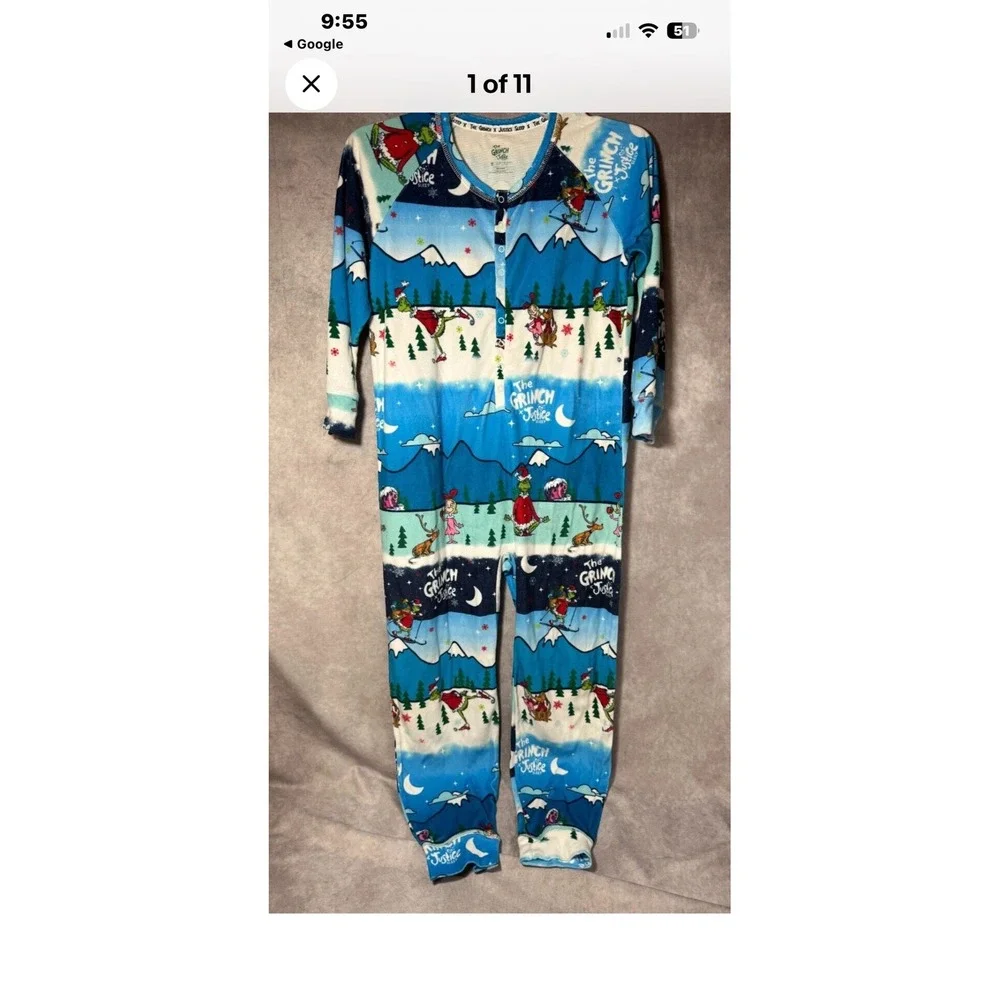 Justice The Grinch Girls XL 14/16 Fleece Union Suit One Piece Pajamas‎ Blue